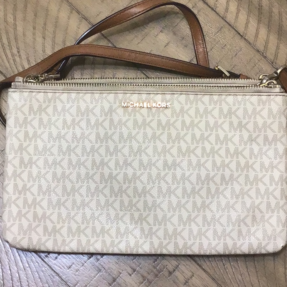 Michael Kors Cream and Brown Crossbody Bag with Gold-Tone Hardware
